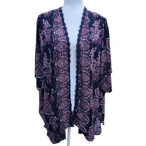 Full Tilt Paisley Kimono Cardigan Boho Festival Crochet Trim Oversized Medium
